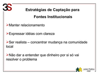 Estratégias de Captação para  Fontes Institucionais Manter relacionamento Expressar idéias com clareza Ser realista – concentrar mudança na comunidade local Não dar a entender que dinheiro por si só vai resolver o problema 