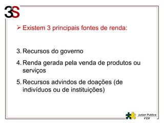 Existem 3 principais fontes de renda: Recursos do governo Renda gerada pela venda de produtos ou serviços Recursos advindos de doações (de indivíduos ou de instituições) 