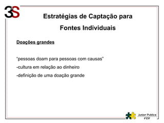 Estratégias de Captação para Fontes Individuais Doações grandes “ pessoas doam para pessoas com causas” -cultura em relação ao dinheiro -definição de uma doação grande 