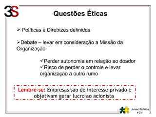 Questões Éticas Políticas e Diretrizes definidas Debate – levar em consideração a Missão da Organização Perder autonomia em relação ao doador Risco de perder o controle e levar organização a outro rumo Lembre-se:  Empresas são de interesse privado e objetivam gerar lucro ao acionista  