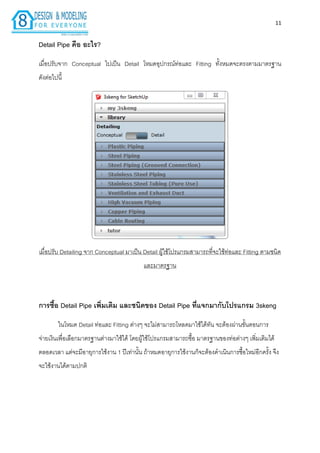 11
Detail Pipe คือ อะไร?
เมื่อปรับจำก Conceptual ไปเป็น Detail โหมดอุปกรณ์ท่อและ Fitting ทั้งหมดจะตรงตำมมำตรฐำน
ดังต่อไปนี้
เมื่อปรับ Detailing จำก Conceptual มำเป็น Detail ผู้ใช้โปรแกรมสำมำรถที่จะใช้ท่อและ Fitting ตำมชนิด
และมำตรฐำน
กำรซื้อ Detail Pipe เพิ่มเติม และชนิดของ Detail Pipe ที่แจกมำกับโปรแกรม 3skeng
ในโหมด Detail ท่อและ Fitting ต่ำงๆ จะไม่สำมำรถโหลดมำใช้ได้ทัน จะต้องผ่ำนขั้นตอนกำร
จ่ำยเงินเพื่อเลือกมำตรฐำนต่ำงมำใช้ได้ โดยผู้ใช้โปรแกรมสำมำรถซื้อ มำตรฐำนของท่อต่ำงๆ เพิ่มเติมได้
ตลอดเวลำ แต่จะมีอำยุกำรใช้งำน 1 ปีเท่ำนั้น ถ้ำหมดอำยุกำรใช้งำนก็จะต้องดำเนินกำรซื้อใหม่อีกครั้ง จึง
จะใช้งำนได้ตำมปกติ
 