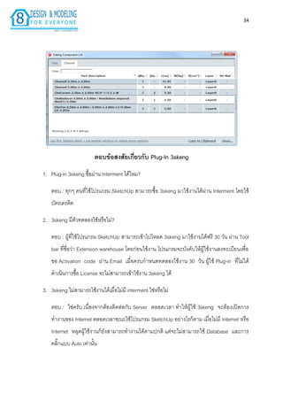 34
ตอบข้อสงสัยเกี่ยวกับ Plug-In 3skeng
1. Plug-in 3skeng ซื้อผ่ำน Interment ได้ไหม?
ตอบ : ทุกๆ คนที่ใช้โปรแกรม SketchUp สำมำรถซื้อ 3skeng มำใช้งำนได้ผ่ำน Interment โดยใช้
บัตรเครดิต
2. 3skeng มีตัวทดลองใช้หรือไม่?
ตอบ : ผู้ที่ใช้โปรแกรม SketchUp สำมำรถเข้ำไปโหลด 3skeng มำใช้งำนได้ฟรี 30 วัน ผ่ำน Tool
bar ที่ชื่อว่ำ Extension warehouse โดยก่อนใช้งำน โปรแกรมจะบังคับให้ผู้ใช้งำนลงทะเบียนเพื่อ
ขอ Activation code ผ่ำน Email เมื่อครบกำหนดทดลองใช้งำน 30 วัน ผู้ใช้ Plug-in ที่ไม่ได้
ดำเนินกำรซื้อ License จะไม่สำมำรถเข้ำใช้งำน 3skeng ได้
3. 3skeng ไม่สำมำรถใช้งำนได้เมื่อไม่มี interment ใช่หรือไม่
ตอบ : ใช่ครับ เนื่องจำกต้องติดต่อกับ Server ตลอดเวลำ ทำให้ผู้ใช้ 3skeng จะต้องเปิดกำร
ทำงำนของ Internet ตลอดเวลำขณะใช้โปรแกรม SketchUp อย่ำงไรก็ตำม เมื่อไม่มี Internet หรือ
Internet หลุดผู้ใช้งำนก็ยังสำมำรถทำงำนได้ตำมปกติ แต่จะไม่สำมำรถใช้ Database และกำร
คลิ๊กแบบ Auto เท่ำนั้น
 