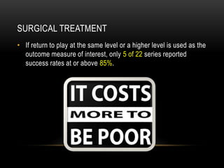 SURGICAL TREATMENT 
• If return to play at the same level or a higher level is used as the 
outcome measure of interest, only 5 of 22 series reported 
success rates at or above 85%. 
 