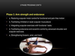 3 PHASE PROGRAM CONT’D 
Phase 3. Arm strength and endurance 
• a. Restoring scapular motor control for functional and pain-free motion 
• b. Facilitating inhibited or weak scapular musculature 
• c. Integrating scapular exercises with functional tasks 
• d. Facilitating endurance and eccentric control by advanced shoulder and 
scapular exercises 
• e. Strengthening forearm, wrist, and hand 
 