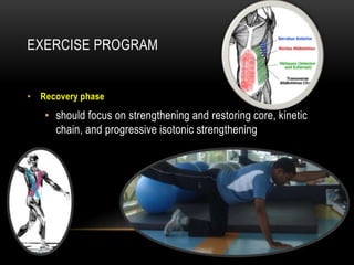EXERCISE PROGRAM 
• Recovery phase 
• should focus on strengthening and restoring core, kinetic 
chain, and progressive isotonic strengthening 
 