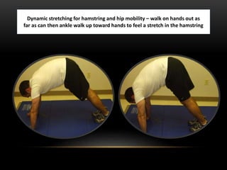 Dynamic stretching for hamstring and hip mobility – walk on hands out as 
far as can then ankle walk up toward hands to feel a stretch in the hamstring 
 