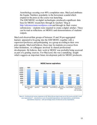15
Astrobiology securing over 40% completion rates. MacLeod attributes
the Equine Nutrition popularity to the horsemeat scandalwhich
erupted in the press as the course was launching.
The EDCMOOC on digital technologies produced a significant data
base for MOOC researchers through its teachers’ blog at
http://edcmoocteam.wordpress.comand through its final course
submissions – students were required to create a digital artefact. These
can be read as reflections on MOOCs and demonstrations of students’
outputs.
MacLeod observed that groups of between 15 and 30 pre-aggregated
learners appeared to be going into the EDCMOOC, together with a
supervisor/professor, and participating as a group according to their own
prior agenda. MacLeod believes these may be students on courses from
other institutions, or colleagues involved in shared professional
development. He believes their work in MOOC was probably being assessed
as part of a grading exercise. For MacLeod, this was a tantalising insight
which suggests an important future development path for MOOC producers.
 