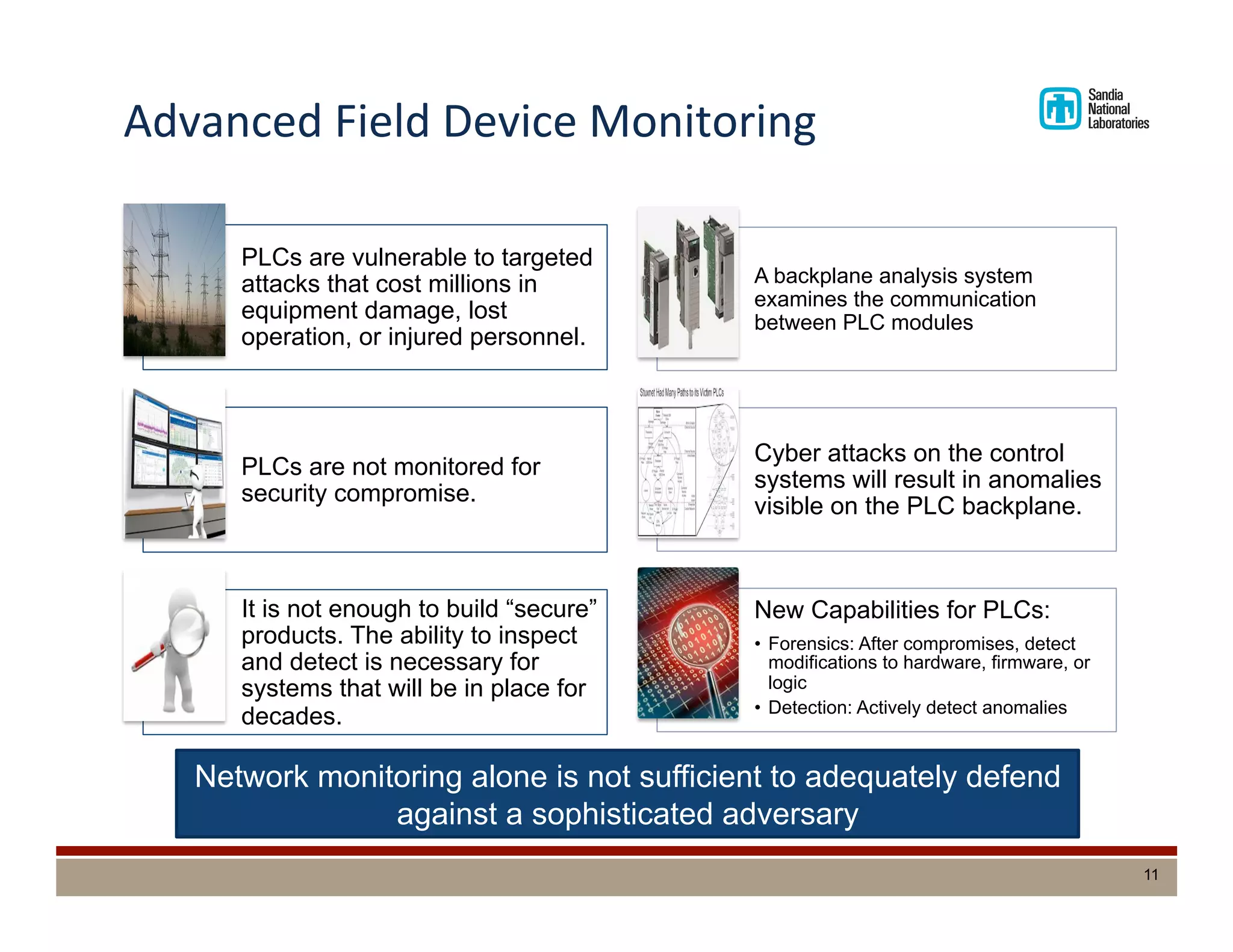 Advanced	
  Field	
  Device	
  Monitoring	
  
Network monitoring alone is not sufficient to adequately defend
against a sophisticated adversary
PLCs are vulnerable to targeted
attacks that cost millions in
equipment damage, lost
operation, or injured personnel.
PLCs are not monitored for
security compromise.
It is not enough to build “secure”
products. The ability to inspect
and detect is necessary for
systems that will be in place for
decades.
A backplane analysis system
examines the communication
between PLC modules
Cyber attacks on the control
systems will result in anomalies
visible on the PLC backplane.
New Capabilities for PLCs:
•  Forensics: After compromises, detect
modifications to hardware, firmware, or
logic
•  Detection: Actively detect anomalies
11
 