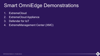 ©2018 Extreme Networks, Inc. All rights reserved
©2018 Extreme Networks, Inc. All rights reserved
Smart OmniEdge Demonstrations
1. ExtremeCloud
2. ExtremeCloud Appliance
3. Defender for IoT
4. ExtremeManagement Center (XMC)
 