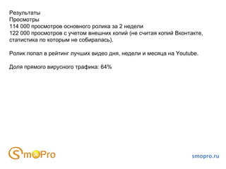smopro.ru Результаты Просмотры 114 000 просмотров основного ролика за 2 недели 122 000 просмотров с учетом внешних копий (не считая копий Вконтакте, статистика по которым не собиралась). Ролик попал в рейтинг лучших видео дня, недели и месяца на Youtube. Доля прямого вирусного трафика: 64%  