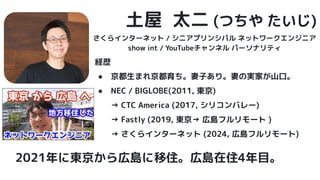 土屋 太二 (つちや たいじ)
さくらインターネット / シニアプリンシパル ネットワークエンジニア
show int / YouTubeチャンネル パーソナリティ
経歴
● 京都生まれ京都育ち。妻子あり。妻の実家が山口。
● NEC / BIGLOBE(2011, 東京)
→ CTC America (2017, シリコンバレー)
→ Fastly (2019, 東京→ 広島フルリモート )
→ さくらインターネット (2024, 広島フルリモート)
2021年に東京から広島に移住。広島在住4年目。
 