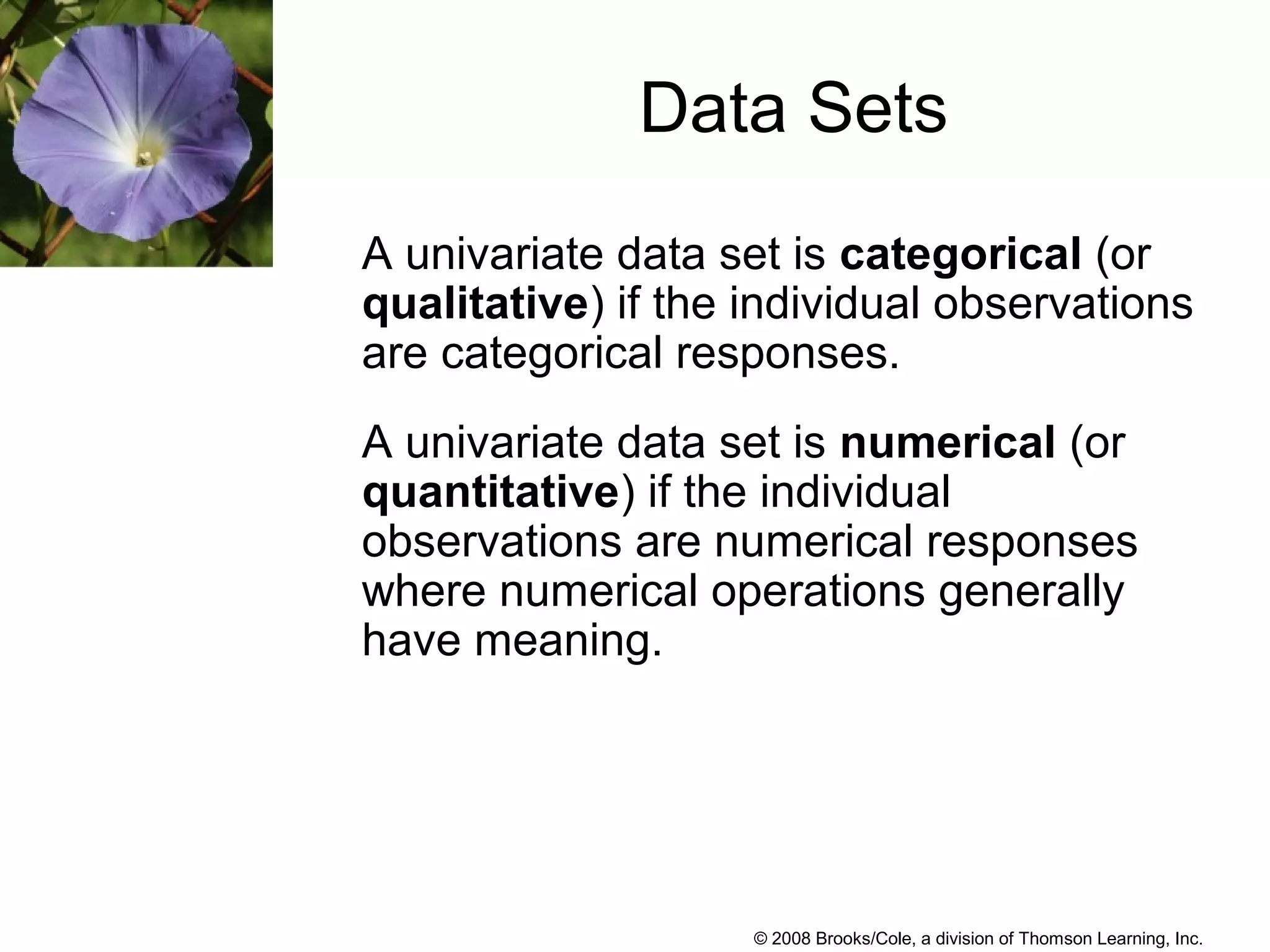 © 2008 Brooks/Cole, a division of Thomson Learning, Inc.
Data Sets
A univariate data set is categorical (or
qualitative) if the individual observations
are categorical responses.
A univariate data set is numerical (or
quantitative) if the individual
observations are numerical responses
where numerical operations generally
have meaning.
 