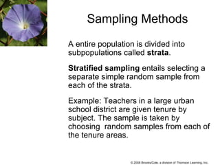 © 2008 Brooks/Cole, a division of Thomson Learning, Inc.
Sampling Methods
A entire population is divided into
subpopulations called strata.
Stratified sampling entails selecting a
separate simple random sample from
each of the strata.
Example: Teachers in a large urban
school district are given tenure by
subject. The sample is taken by
choosing random samples from each of
the tenure areas.
 
