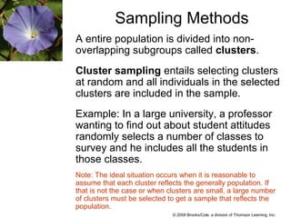 © 2008 Brooks/Cole, a division of Thomson Learning, Inc.
Sampling Methods
A entire population is divided into non-
overlapping subgroups called clusters.
Cluster sampling entails selecting clusters
at random and all individuals in the selected
clusters are included in the sample.
Example: In a large university, a professor
wanting to find out about student attitudes
randomly selects a number of classes to
survey and he includes all the students in
those classes.
Note: The ideal situation occurs when it is reasonable to
assume that each cluster reflects the generally population. If
that is not the case or when clusters are small, a large number
of clusters must be selected to get a sample that reflects the
population.
 