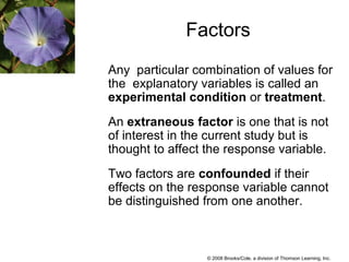 © 2008 Brooks/Cole, a division of Thomson Learning, Inc.
Factors
Any particular combination of values for
the explanatory variables is called an
experimental condition or treatment.
An extraneous factor is one that is not
of interest in the current study but is
thought to affect the response variable.
Two factors are confounded if their
effects on the response variable cannot
be distinguished from one another.
 
