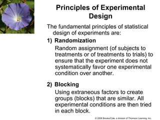 © 2008 Brooks/Cole, a division of Thomson Learning, Inc.
Principles of Experimental
Design
The fundamental principles of statistical
design of experiments are:
1) Randomization
Random assignment (of subjects to
treatments or of treatments to trials) to
ensure that the experiment does not
systematically favor one experimental
condition over another.
2) Blocking
Using extraneous factors to create
groups (blocks) that are similar. All
experimental conditions are then tried
in each block.
 