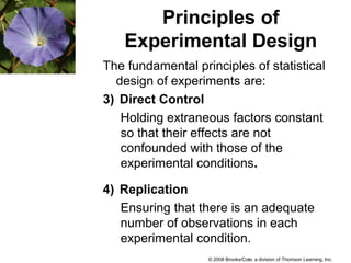 © 2008 Brooks/Cole, a division of Thomson Learning, Inc.
Principles of
Experimental Design
The fundamental principles of statistical
design of experiments are:
3) Direct Control
Holding extraneous factors constant
so that their effects are not
confounded with those of the
experimental conditions.
4) Replication
Ensuring that there is an adequate
number of observations in each
experimental condition.
 