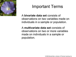 © 2008 Brooks/Cole, a division of Thomson Learning, Inc.
Important Terms
A bivariate data set consists of
observations on two variables made on
individuals in a sample or population.
A multivariate data set consists of
observations on two or more variables
made on individuals in a sample or
population.
 