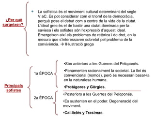 ¿Per què
sorgeixen?
La sofística és el moviment cultural determinant del segle
V aC. Es pot considerar com el triomf de la democràcia,
perquè posa el debat com a centre de la vida de la ciutat.
L’ideal grec és el de bastir una ciutat dominada per la
saviesa i els sofistes són l’expressió d’aquest ideal.
Emergeixen així els problemes de retòrica i de dret, en la
mesura que s’interessaven sobretot pel problema de la
convivència.  Il·lustració grega
Principals
sofistes
1a ÈPOCA
2a ÈPOCA
•Són anteriors a les Guerres del Peloponés.
•Fonamenten racionalment la societat. La llei és
convencional (nomos), però és necessari basar-la
en la naturalesa humana.
•Protágores y Gòrgies.
•Posteriors a les Guerres del Peloponés.
•Es sustenten en el poder. Degeneració del
moviment.
•Cal.liclés y Trasímac.
 