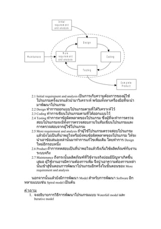 I n it ia l
                            r e q u ir e m e n t
                            a n d a n a ly s is




                                                        D e s ig n



                                        M o re
 M a in t a in a c e             r e q u ir e m e n t                  C o d in g
                                 a n d a n a ly s is



                                                        T e s t in g



                                                                                    C o m p le t e
                                                                                     P ro d u c t


       2.1 Initial requirement and analysis เป็นการเก็บความต้องการของผู้ใช้
           โปรแกรมครั้งแรกแล้วนำามาวิเคราะห์ พร้อมทั้งหาเครื่องมือที่จะนำา
           มาพัฒนาโปรแกรม
       2.2 Design ทำาการออกแบบโปรแกรมตามที่ได้วิเคราะห์ไว้
       2.3 Coding ทำาการเขียนโปรแกรมตามที่ได้ออกแบบไว้
       2.4 Testing ทำาการหาข้อผิดพลาดของโปรแกรม ซึ่งผู้ที่จะทำาการตรวจ
           สอบโปรแกรมจะมีทั้งการตรวจสอบภายในทีมเขียนโปรแกรมและ
           การตรวจสอบจากผู้ใช้โปรแกรม
       2.5 More requirement and analysis ถ้าผู้ใช้โปรแกรมตรวจสอบโปรแกรม
           แล้วยังไม่เป็นที่น่าพอใจหรือยังพบข้อผิดพลาดของโปรแกรม ให้จะ
           นำาเอาข้อเสนอเหล่านั้นมาทำาการแก้ไขเพิ่มเติม โดยทำาการ Design
           ใหม่อีกรอบหนึ่ง
       2.6 Product ถ้าการทดสอบเป็นที่น่าพอใจแล้วจึงเริ่มใช้ผลิตภัณฑ์กับงาน
           ระบบจริง
       2.7 Maintenance ถึงกระนั้นผลิตภัณฑ์ที่ใช้งานจริงย่อมมีปัญหาเกิดขึ้น
           เสมอ ผู้ใช้งานอาจมีความต้องการเพิ่ม จึงนำาเอาความต้องการเหล่า
           นั้นเข้าสู่ขั้นตอนการพัฒนาโปรแกรมอีกครั้งในขั้นตอนของ More
              requirement and analysis

   นอกจากนั้นแล้วยังมีการพัฒนา Model สำาหรับการพัฒนา Software อีก
หลายแบบเช่น Spiral model เป็นต้น

คำ า ถาม
    1. จงอธิบายการวิธีการพัฒนาโปรแกรมแบบ Waterfall model และ
          Iterative model
 