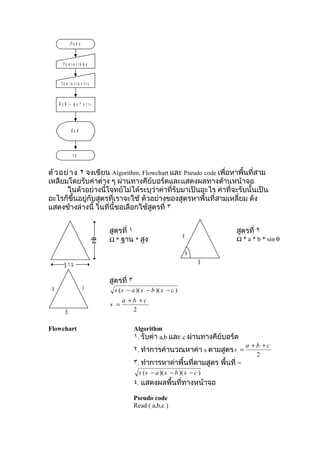 เ ริ่ ม ต้ น



        รั บ ค่ า ค ว า ม สู ง



       รั บ ค่ า ค ว า ม ก ว้ า ง



     พื้ น ที่ = สู ง * ก ว้ า ง




                พื้ น ที่




                  จบ



ตั ว อย่ า ง ٢ จงเขียน Algorithm, Flowchart และ Pseudo code เพื่อหาพื้นที่สาม
เหลียมโดยรับค่าต่าง ๆ ผ่านทางคีย์บอร์ดและแสดงผลทางด้านหน้าจอ
       ในตัวอย่างนี้โจทย์ไม่ได้ระบุว่าค่าที่รับมาเป็นอะไร ค่าที่จะรับนั้นเป็น
อะไรก็ขึ้นอยู่กับสูตรที่เราจะใช้ ตัวอย่างของสูตรหาพื้นที่สามเหลี่ยม ดัง
แสดงข้างล่างนี้ ในที่นี้ขอเลือกใช้สูตรที่ ٣


                                          สูตรที่ ١                                       สูตรที่ ٢
                                                                            a
                                          ½ * ฐาน * สูง                                   ½ * a * b * sin θ
                                    สูง




                                                                                θ
         ฐาน                                                                        b

                                          สูตรที่ ٣
 a                            c            s ( s − a )( s − b )( s − c )
                                                a +b +c
                                          s =
           b                                       2

Flowchart                                             Algorithm
                                                      ١. รับค่า a,b และ c ผ่านทางคีย์บอร์ด
                                                                                               a +b +c
                                                      ٢. ทำาการคำานวณหาค่า s ตามสูตร s =
                                                                                                  2
                                                      ٣. ทำาการหาค่าพื้นที่ตามสูตร พื้นที่ =
                                                        s ( s − a )( s − b )( s − c )
                                                      ٤. แสดงผลพื้นที่ทางหน้าจอ

                                                      Pseudo code
                                                      Read ( a,b,c )
 