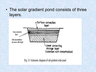 • The solar gradient pond consists of three
layers.
 
