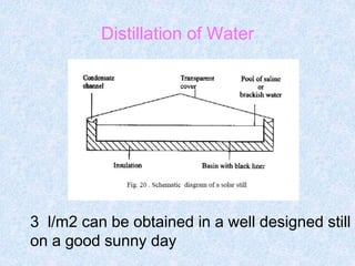 Distillation of Water
3 l/m2 can be obtained in a well designed still
on a good sunny day
 