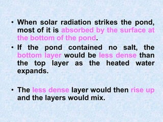 • When solar radiation strikes the pond,
most of it is absorbed by the surface at
the bottom of the pond.
• If the pond contained no salt, the
bottom layer would be less dense than
the top layer as the heated water
expands.
• The less dense layer would then rise up
and the layers would mix.
 