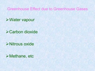 Greenhouse Effect due to Greenhouse Gases
Water vapour
Carbon dioxide
Nitrous oxide
Methane, etc
 