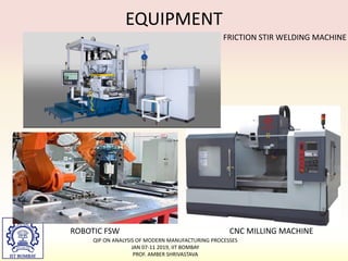 EQUIPMENT
ROBOTIC FSW CNC MILLING MACHINE
FRICTION STIR WELDING MACHINE
QIP ON ANALYSIS OF MODERN MANUFACTURING PROCESSES
JAN 07-11 2019, IIT BOMBAY
PROF. AMBER SHRIVASTAVA
 