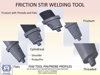 FRICTION STIR WELDING TOOL
FSW TOOL PIN/PROBE PROFILES
Shoulder
Probe/Pin
Cylindrical
Frustum
Threaded
Flats
Frustum with Threads and Flats
QIP ON ANALYSIS OF MODERN MANUFACTURING PROCESSES
JAN 07-11 2019, IIT BOMBAY
PROF. AMBER SHRIVASTAVA
 