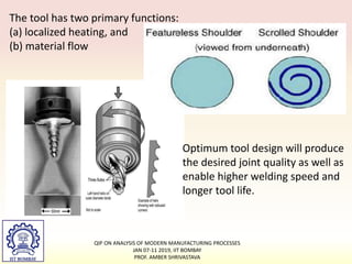 The tool has two primary functions:
(a) localized heating, and
(b) material flow
Optimum tool design will produce
the desired joint quality as well as
enable higher welding speed and
longer tool life.
QIP ON ANALYSIS OF MODERN MANUFACTURING PROCESSES
JAN 07-11 2019, IIT BOMBAY
PROF. AMBER SHRIVASTAVA
 