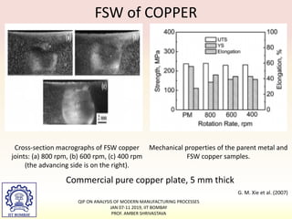 FSW of COPPER
Cross-section macrographs of FSW copper
joints: (a) 800 rpm, (b) 600 rpm, (c) 400 rpm
(the advancing side is on the right).
Mechanical properties of the parent metal and
FSW copper samples.
G. M. Xie et al. (2007)
Commercial pure copper plate, 5 mm thick
QIP ON ANALYSIS OF MODERN MANUFACTURING PROCESSES
JAN 07-11 2019, IIT BOMBAY
PROF. AMBER SHRIVASTAVA
 