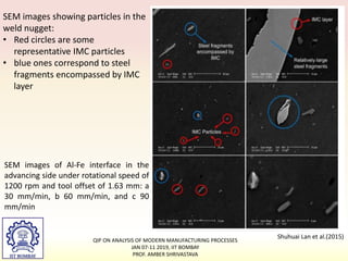 SEM images showing particles in the
weld nugget:
• Red circles are some
representative IMC particles
• blue ones correspond to steel
fragments encompassed by IMC
layer
Shuhuai Lan et al.(2015)
SEM images of Al-Fe interface in the
advancing side under rotational speed of
1200 rpm and tool offset of 1.63 mm: a
30 mm/min, b 60 mm/min, and c 90
mm/min
QIP ON ANALYSIS OF MODERN MANUFACTURING PROCESSES
JAN 07-11 2019, IIT BOMBAY
PROF. AMBER SHRIVASTAVA
 