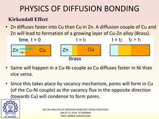 PHYSICS OF DIFFUSION BONDING
Kirkendall Effect
• Zn diffuses faster into Cu than Cu in Zn. A diffusion couple of Cu and
Zn will lead to formation of a growing layer of Cu-Zn alloy (Brass).
• Same will happen in a Cu-Ni couple as Cu diffuses faster in Ni than
vice versa.
• Since this takes place by vacancy mechanism, pores will form in Cu
(of the Cu-Ni couple) as the vacancy flux in the opposite direction
(towards Cu) will condense to form pores.
QIP ON ANALYSIS OF MODERN MANUFACTURING PROCESSES
JAN 07-11 2019, IIT BOMBAY
PROF. AMBER SHRIVASTAVA
 