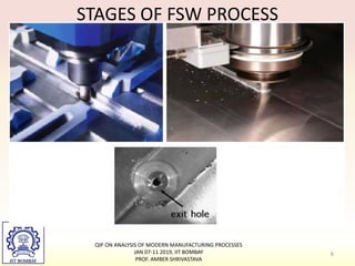QIP ON ANALYSIS OF MODERN MANUFACTURING PROCESSES
JAN 07-11 2019, IIT BOMBAY
PROF. AMBER SHRIVASTAVA
6
STAGES OF FSW PROCESS
 