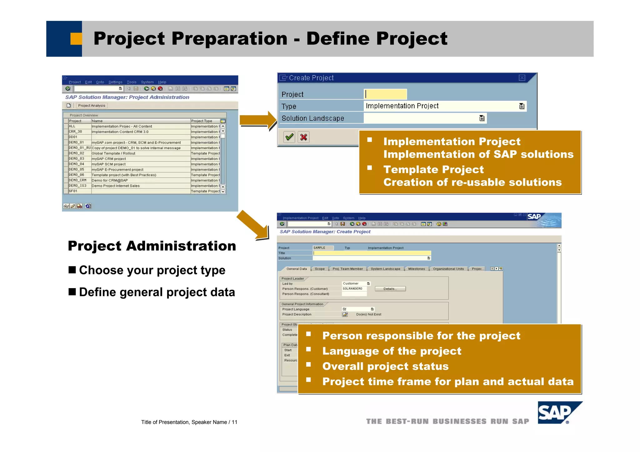 Title of Presentation, Speaker Name / 11
Project Preparation - Define Project
Project Administration
Choose your project type
Define general project data
Implementation Project
Implementation of SAP solutions
Template Project
Creation of re-usable solutions
Implementation Project
Implementation of SAP solutions
Template Project
Creation of re-usable solutions
Person responsible for the project
Language of the project
Overall project status
Project time frame for plan and actual data
Person responsible for the project
Language of the project
Overall project status
Project time frame for plan and actual data
 