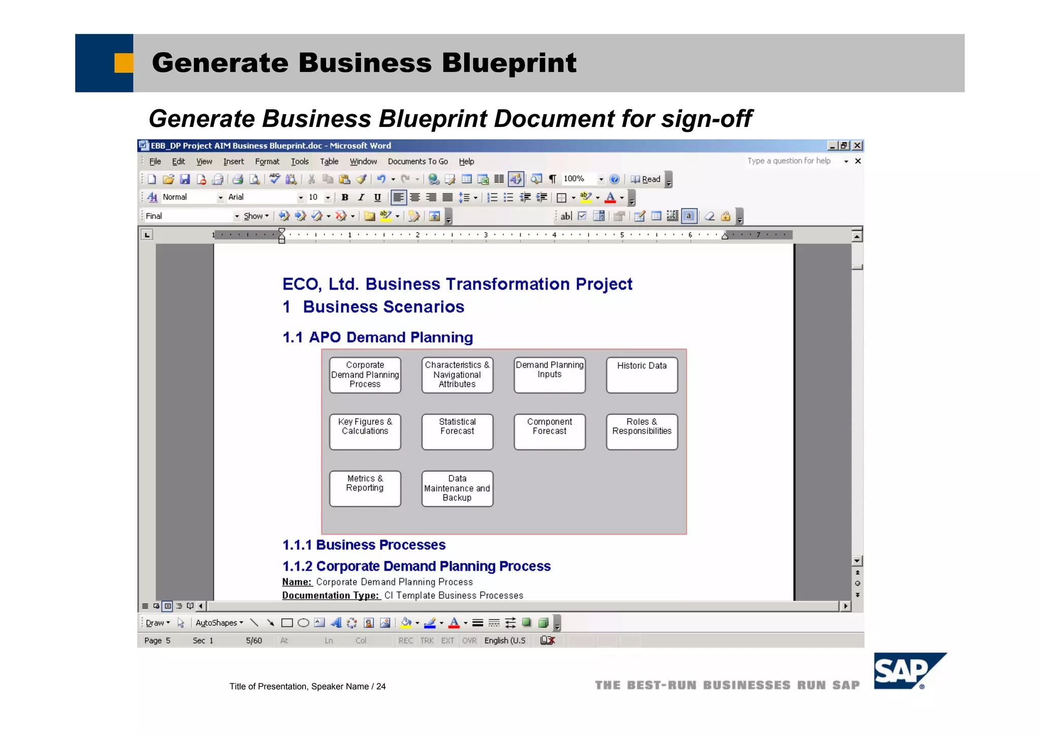 Title of Presentation, Speaker Name / 24
Generate Business Blueprint
Generate Business Blueprint Document for sign-off
 