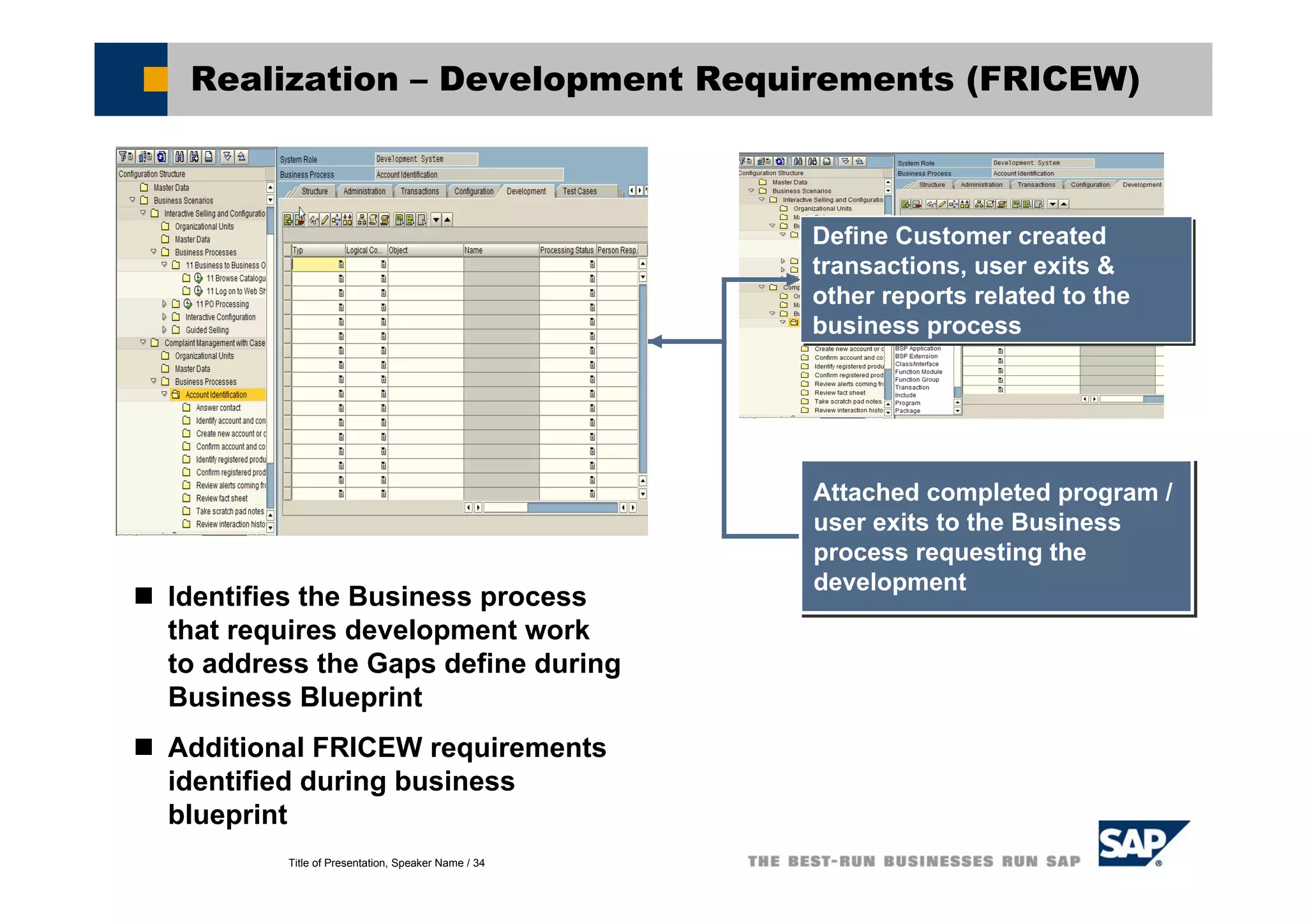 Title of Presentation, Speaker Name / 34
Realization – Development Requirements (FRICEW)
Define Customer created
transactions, user exits &
other reports related to the
business process
Define Customer created
transactions, user exits &
other reports related to the
business process
Identifies the Business process
that requires development work
to address the Gaps define during
Business Blueprint
Additional FRICEW requirements
identified during business
blueprint
Attached completed program /
user exits to the Business
process requesting the
development
Attached completed program /
user exits to the Business
process requesting the
development
 
