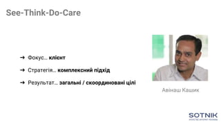 ➔ Фокус… клієнт
➔ Стратегія… комплексний підхід
➔ Результат… загальні / скоординовані цілі
Авінаш Кашик
See-Think-Do-Care
 
