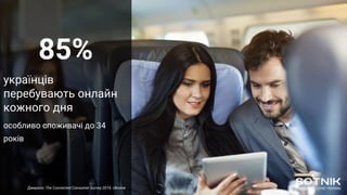 85%
українців
перебувають онлайн
кожного дня
особливо споживачі до 34
років
Джерело: The Connected Consumer Survey 2016. Ukraine
 