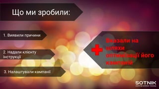 Що ми зробили:
1. Виявили причини
2. Надали клієнту
інструкції
3. Налаштували кампанії
Вказали на
шляхи
оптимізації його
кампаній
 