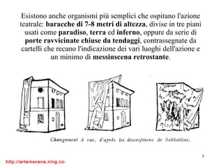 Esistono anche organismi più semplici che ospitano l'azione teatrale:  baracche di 7-8 metri di altezza , divise in tre piani usati come  paradiso ,  terra  ed  inferno , oppure da serie di  porte ravvicinate chiuse da tendaggi , contrassegnate da cartelli che recano l'indicazione dei vari luoghi dell'azione e un minimo di  messinscena retrostante . 