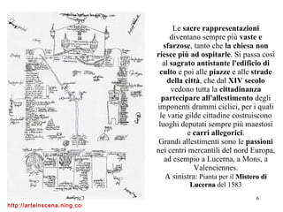 Le  sacre rappresentazioni  diventano sempre più  vaste e sfarzose , tanto che  la chiesa non riesce più ad ospitarle . Si passa così al  sagrato antistante l'edificio di culto  e poi alle  piazze  e alle  strade della città , che dal  XIV secolo  vedono tutta la  cittadinanza partecipare all'allestimento  degli imponenti drammi ciclici, per i quali le varie gilde cittadine costruiscono luoghi deputati sempre più maestosi e  carri allegorici . Grandi allestimenti sono le  passioni  nei centri mercantili del nord Europa, ad esempio a Lucerna, a Mons, a Valenciennes. A sinistra:  Pianta per il  Mistero di Lucerna  del 1583 
