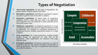 Types of Negotiation
1. Adversarial negotiation- In this type of negotiation, the
parties openly compete against each other.
2. Distributive negotiation- Distributive negotiation requires
any party’s gain to come at the other’s expense.
3. Integrative negotiation- In these types of negotiation
situations, there is more than one issue to be negotiated,
and negotiators have the potential to make tradeoffs across
issues and create value.
4. Multiparty negotiation- A multiparty negotiation is a type
of bargaining where more than two parties negotiate toward
an agreement. An example of a multiparty negotiation is
bargaining between multiple department leaders in a large
company.
5. Team negotiation- In a team negotiation, multiple people
bargain toward an agreement on each side of the
negotiation. Team negotiations are common with large
business deals.
6. Principled negotiation- Principled negotiation is a type of
bargaining that uses the parties' principles and interests to
reach an agreement. This type of negotiation often focuses
on conflict resolution.
 