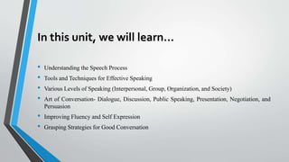 In this unit, we will learn…
• Understanding the Speech Process
• Tools and Techniques for Effective Speaking
• Various Levels of Speaking (Interpersonal, Group, Organization, and Society)
• Art of Conversation- Dialogue, Discussion, Public Speaking, Presentation, Negotiation, and
Persuasion
• Improving Fluency and Self Expression
• Grasping Strategies for Good Conversation
 