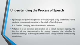Understanding the Process of Speech
• Speaking is the purposeful process by which people, using audible and visible
symbols, communicate meaning in the minds of their listeners.
• It is flexible, changing, as well as complex and varied.
• Whether it is an informal conversation or a formal business meeting, the
function of oral communication is creating messages that stimulate in
listeners meanings that bring about the desired change in their understanding
or opinions.
 