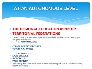 THE REGIONAL EDUCATION MINISTRY
TERRITORIAL FEDERATIONS
The different autonomous regions have authority in the promotion of sport
and physical activity.
AT A PROVINCIAL LEVEL
COUNCILS (SPORTS SECTIONS)
TERRITORIAL OFFICES
AT A LOCAL LEVEL
SPORTS BOARDS
SPORTS CLUBS
POPULAR SPORT
And finally, the town halls promote the popular sport as a means of favoring
health of citizens.
 