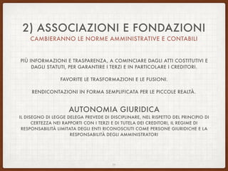 2) ASSOCIAZIONI E FONDAZIONI
CAMBIERANNO LE NORME AMMINISTRATIVE E CONTABILI
PIÙ INFORMAZIONI E TRASPARENZA, A COMINCIARE DAGLI ATTI COSTITUTIVI E
DAGLI STATUTI, PER GARANTIRE I TERZI E IN PARTICOLARE I CREDITORI.
FAVORITE LE TRASFORMAZIONI E LE FUSIONI.
RENDICONTAZIONI IN FORMA SEMPLIFICATA PER LE PICCOLE REALTÀ.
AUTONOMIA GIURIDICA
IL DISEGNO DI LEGGE DELEGA PREVEDE DI DISCIPLINARE, NEL RISPETTO DEL PRINCIPIO DI
CERTEZZA NEI RAPPORTI CON I TERZI E DI TUTELA DEI CREDITORI, IL REGIME DI
RESPONSABILITÀ LIMITATA DEGLI ENTI RICONOSCIUTI COME PERSONE GIURIDICHE E LA
RESPONSABILITÀ DEGLI AMMINISTRATORI
11
 