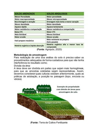 (Fonte: Agropós, 2020)
Metodologia de amostragem
Para realização de uma boa análise do solo é preciso saber os
procedimentos adequados de forma cuidadosa para que não tenha
interferência no resultado como;
Divisão da área
A área deve ser dividida em partes que sejam mais homogêneas,
para que as amostras coletadas sejam representativas. Assim,
devemos considerar quais culturas existiam anteriormente, quais as
práticas de adubação, a posição na paisagem (topo, encosta ou
várzea).
(Fonte: Terra de Cultivo Fertilizante
 